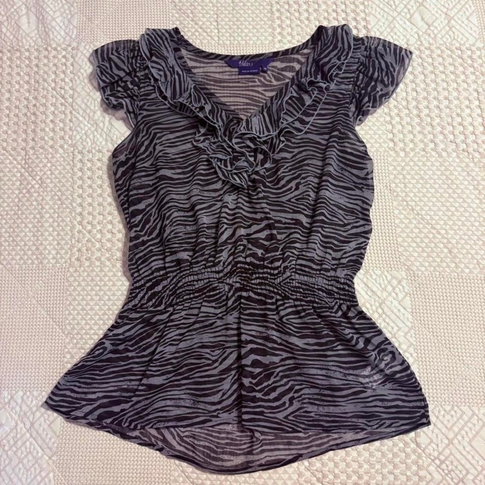 Y2K Miley Cyrus Black & grey zebra print ruffle blouse
